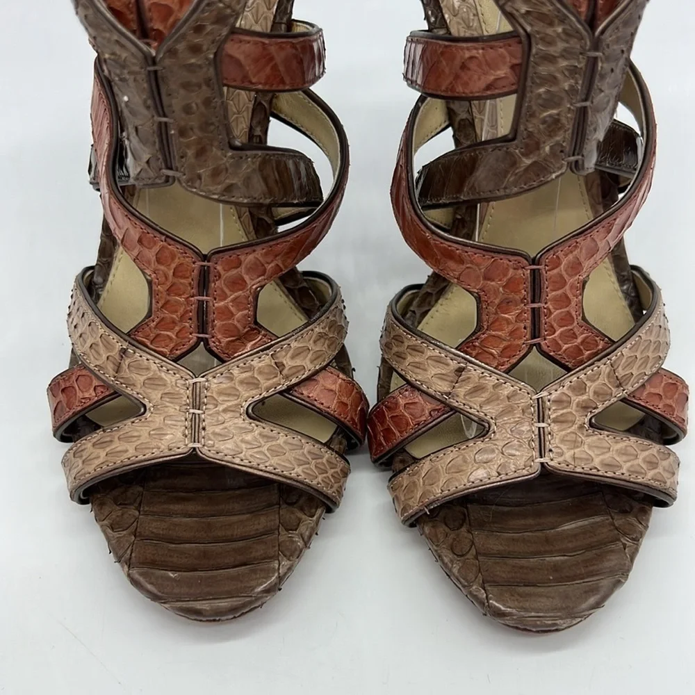Brian Atwood Women US 7 EU 37 brown snakeskin strappy heeled sandals side buckle